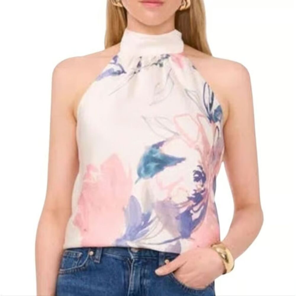 Parker Satin Floral Halter Mock Neck Open Back Blouse Cream Size XXL